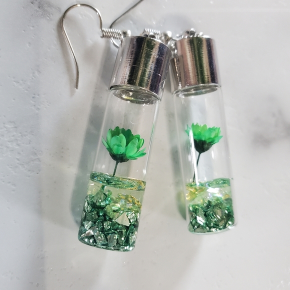 Green Wish Flowers Glass Bottle Dangle Earrings - Picture 4 of 12